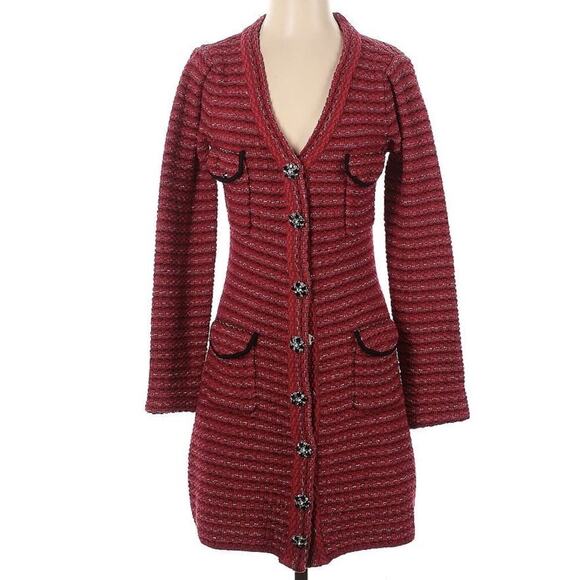 Self Portrait Knit Mini Dress Small S Wool Red Tweed Fitted Melange Embellished - Picture 1 of 9